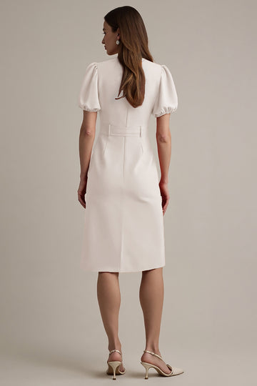 A Line Ivory V-Neck Work Dress with Belt